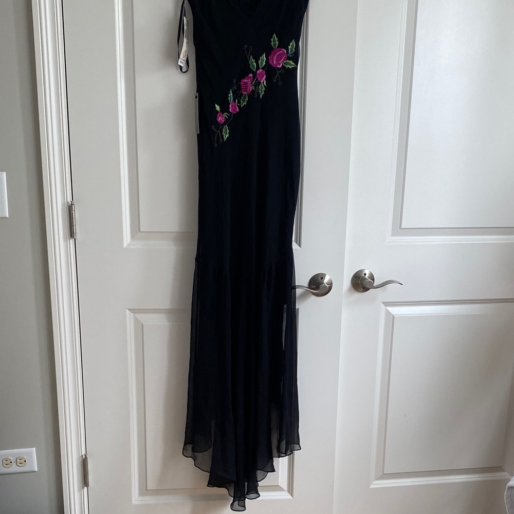 Black Maxi Slip Dress with Pink Floral Embroidery - Picture 2 of 11